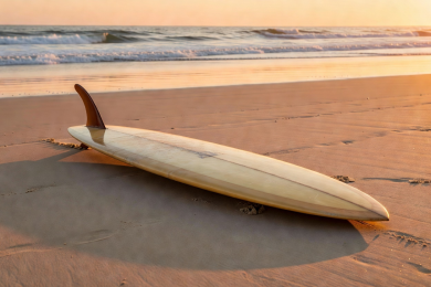 Classic single fin longboard lying on sand