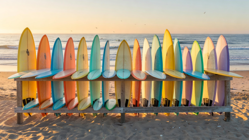 Collection of matched surfboards ready for rental