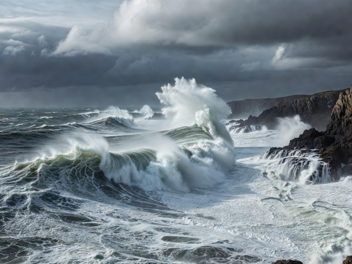 Dramatic Atlantic coast waves breaking under Nordic sky