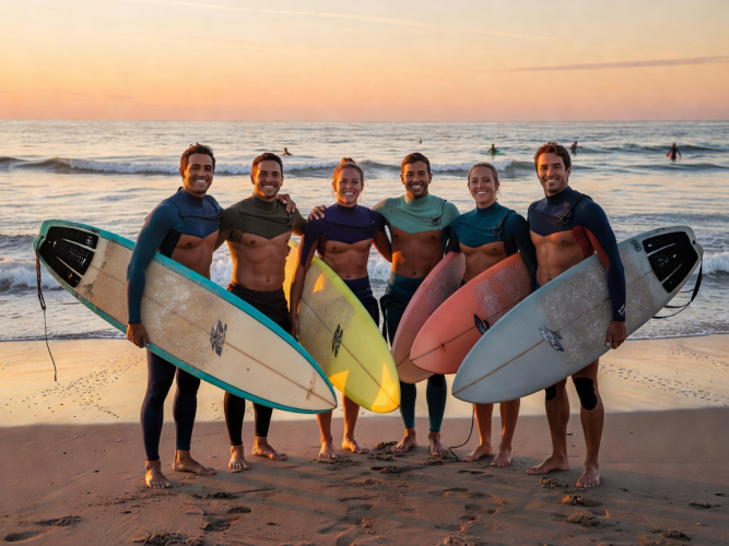 Group of surfers smiling with boards on shoreline