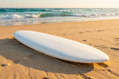 High volume foam surfboard on beach sand
