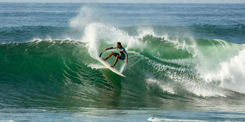 Intermediate surfer performing bottom turn on open green wave face