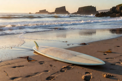 Mid length surfboard on coastal shoreline