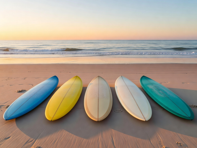 Row of clean surfboards resting on beach sand