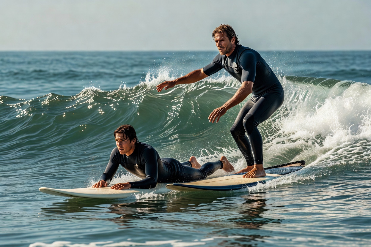 Surf instructor teaching surfer ocean positioning