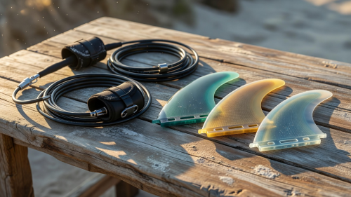 Surf leashes and fins arranged on a wooden table