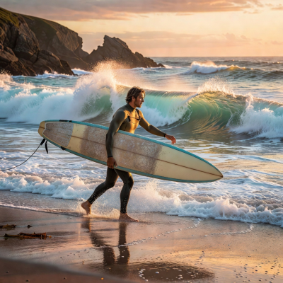 Surfer carrying surfboard into the coastal water