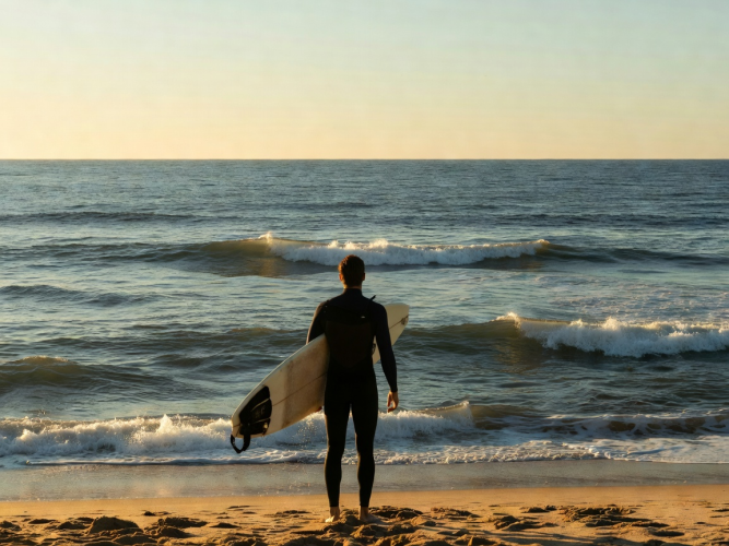 Solo surfer paddling out toward clean Atlantic point break