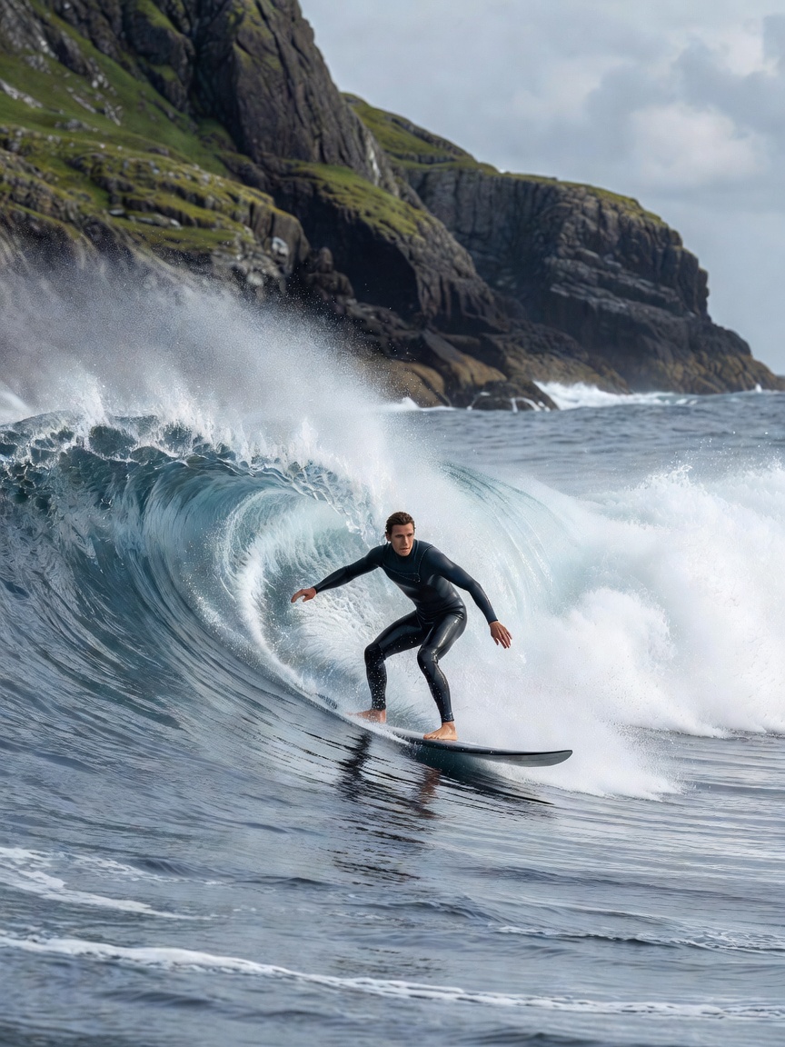 Surfer riding an ocean wave along the Nordic coast line