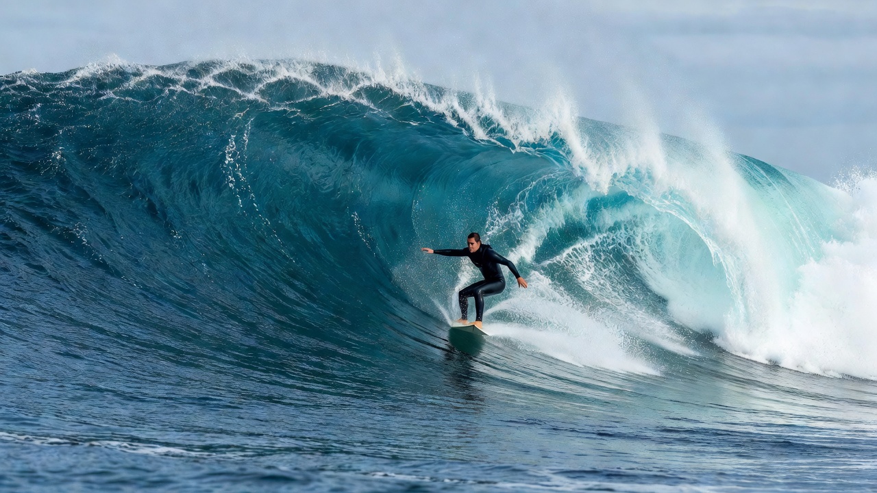 Surfer riding wave face in crisp Atlantic swell