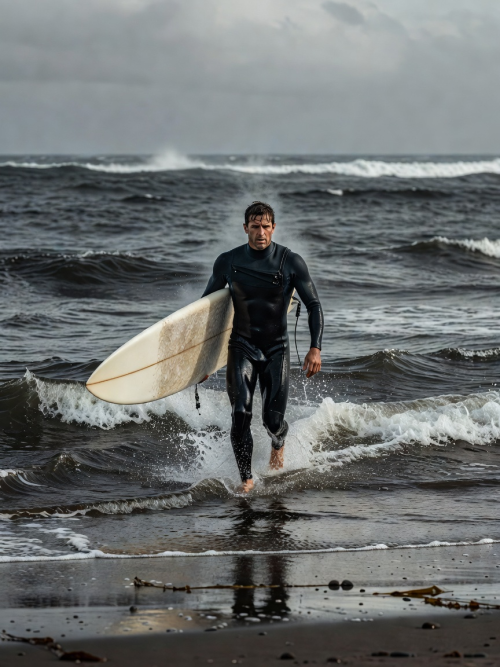 Surfer walking into cold water with surfboard